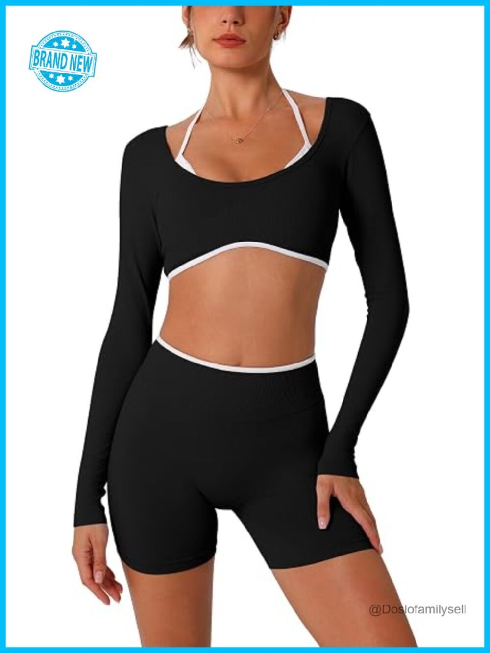 Seamless Long Sleeve Crop Top and High Waist Shorts Gym Set with Integrated Bra